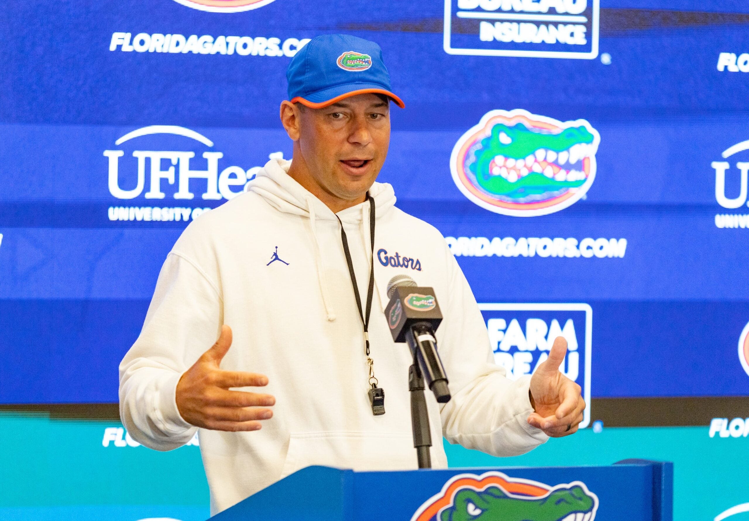 Florida head coach Jon Sumrall speaks after spring practice at Sanders Practice Fields in Gainesville, FL on Tuesday, April 7, 2026.