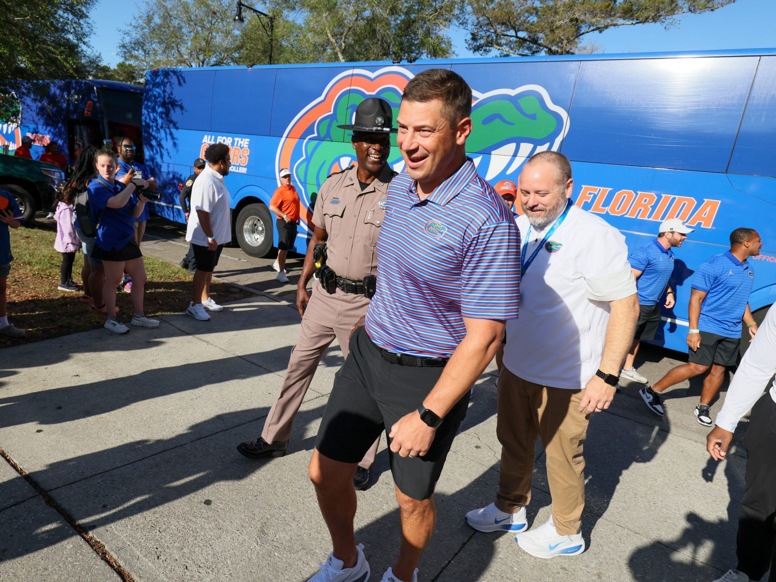 Florida Head Coach Jon Sumrall greats fans as he heads to the locker room during Gator Walk before the Orange and Blue game at Steve Spurrier Field at Ben Hill Griffin Stadium in Gainesville, FL on Saturday, April 11, 2026.