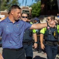 Florida Head Coach Jon Sumrall greats fans as he heads to the locker room during Gator Walk before the Orange and Blue game at Steve Spurrier Field at Ben Hill Griffin Stadium in Gainesville, FL on Saturday, April 11, 2026.