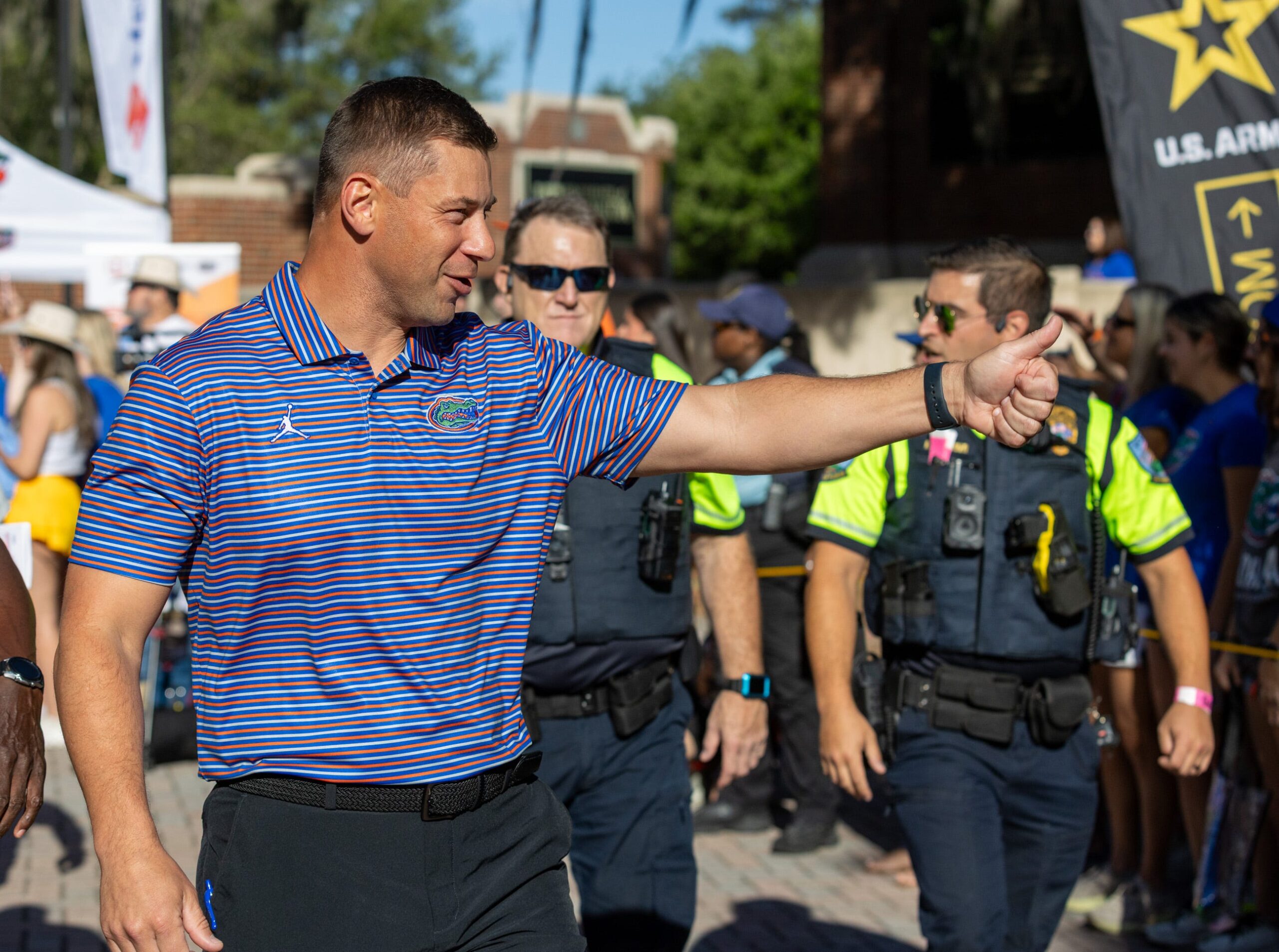 Florida Head Coach Jon Sumrall greats fans as he heads to the locker room during Gator Walk before the Orange and Blue game at Steve Spurrier Field at Ben Hill Griffin Stadium in Gainesville, FL on Saturday, April 11, 2026.