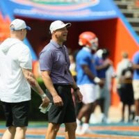 Florida head coach Jon Sumrall enjoys a laugh before the Orange and Blue game at Steve Spurrier Field at Ben Hill Griffin Stadium in Gainesville, FL on Saturday, April 11, 2026.