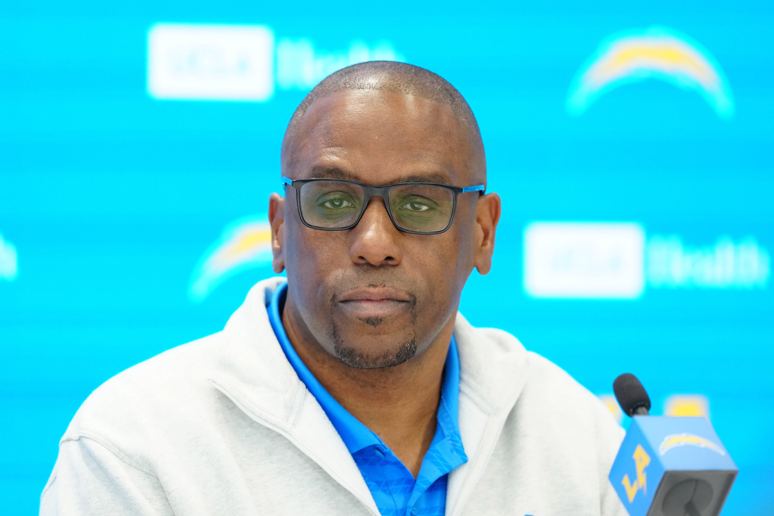 Apr 16, 2026; El Segundo, CA, USA; Los Angeles Chargers assistant general manager Chad Alexander speaks at press conference at The Bolt.