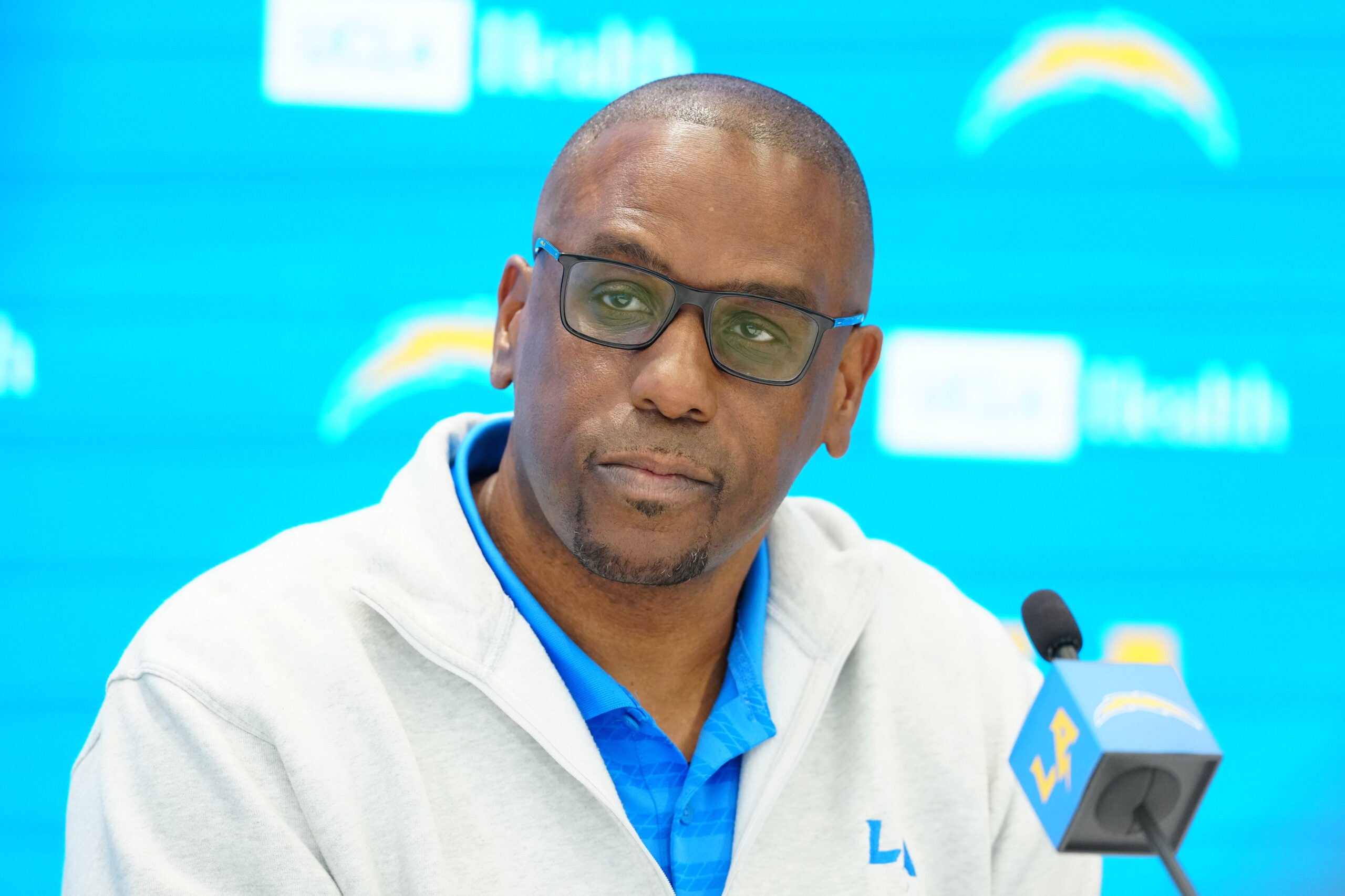 Apr 16, 2026; El Segundo, CA, USA; Los Angeles Chargers assistant general manager Chad Alexander speaks at press conference at The Bolt.