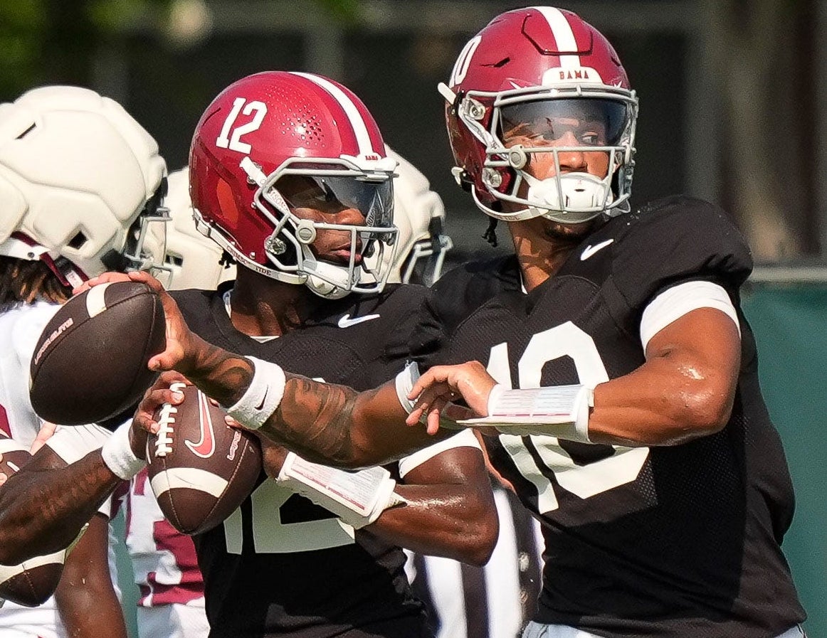 Aug. 19, 2025, Tuscaloosa, AL; Quarterbacks Austin Mack (10), Keelon Russell (12), and Ty Simpson (15) throw during practice for the Alabama Crimson Tide.
