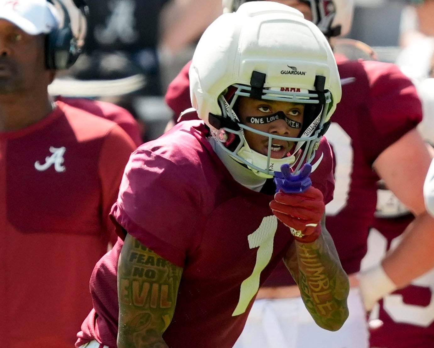 April 11, 2026; Tuscaloosa, AL, USA; Alabama Crimson Tide wide receiver Ryan Coleman-Williams (1) lines up for a play at Bryant-Denny Stadium during the Alabama A Day scrimmage.