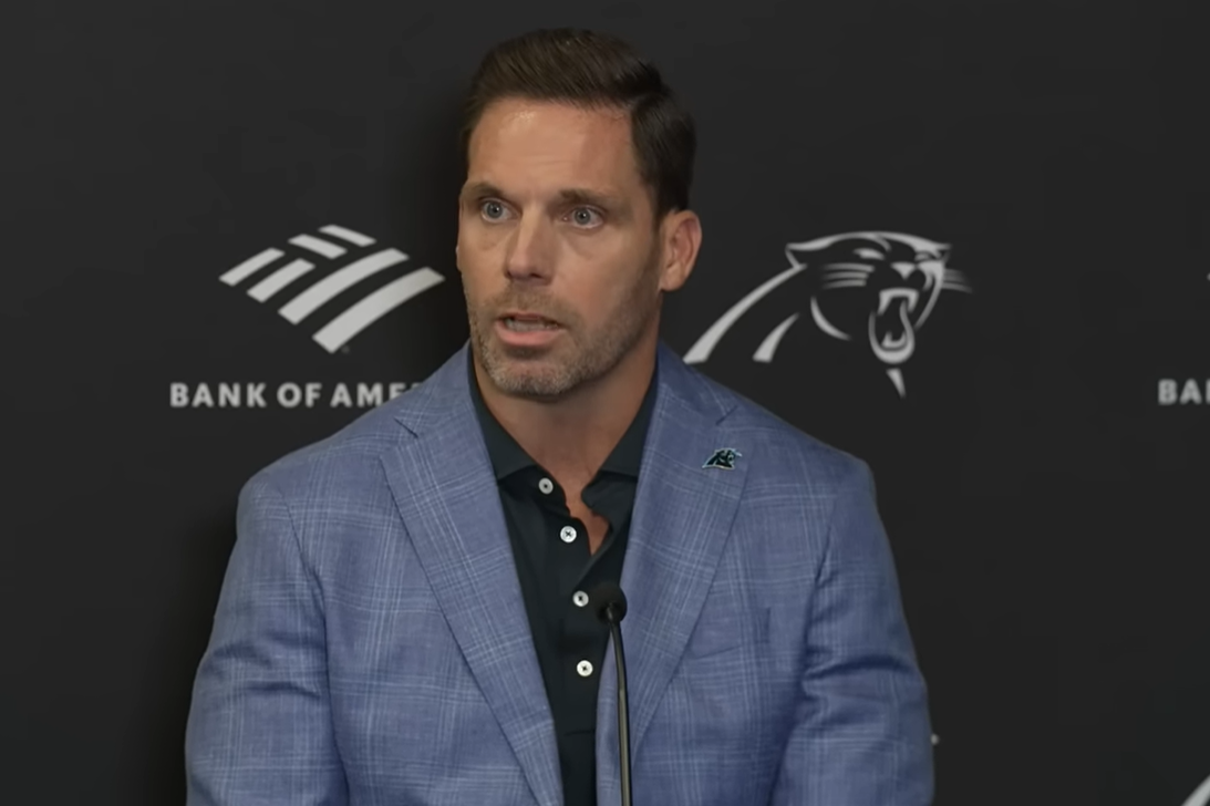 Carolina Panthers general manager Dan Morgan speaks with reporters following the first-round of the 2026 NFL Draft.