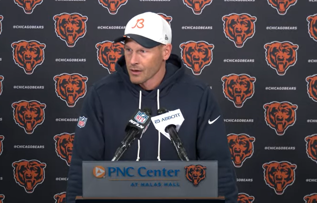 Chicago Bears head coach Ben Johnson speaks with reporters ahead of rookie minicamp.