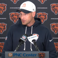 Chicago Bears head coach Ben Johnson talks with reporters ahead of rookie minicamp.