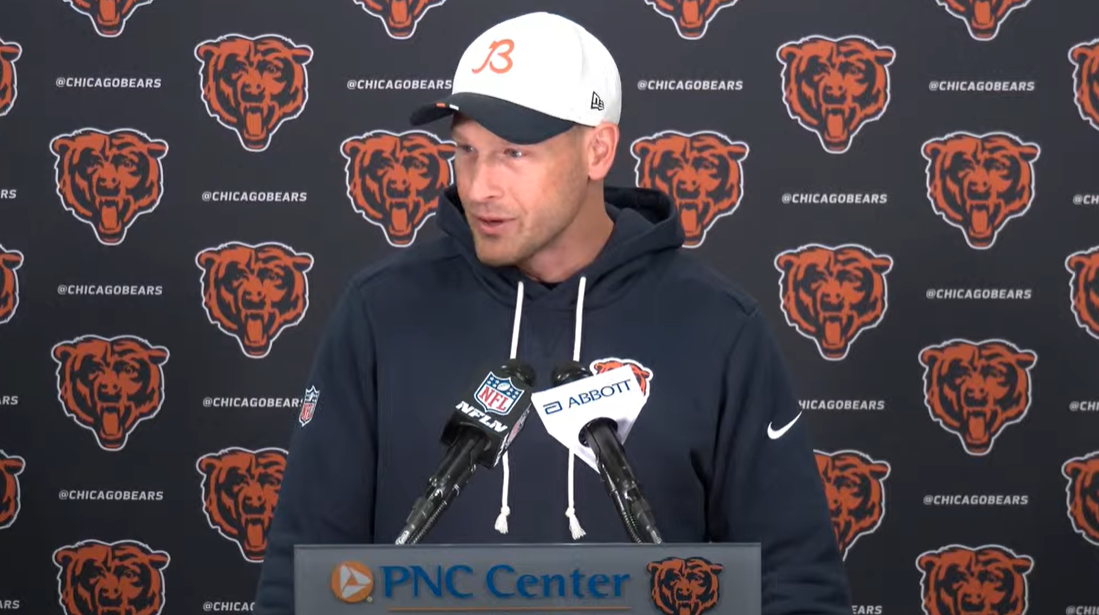Chicago Bears head coach Ben Johnson talks with reporters ahead of rookie minicamp.