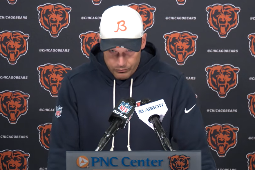 Chicago Bears head coach Ben Johnson on the podium prior to the first day of rookie minicamp.