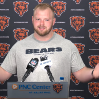 Chicago Bears rookie center Logan Jones speaks with reporters following the first day of rookie minicamp.