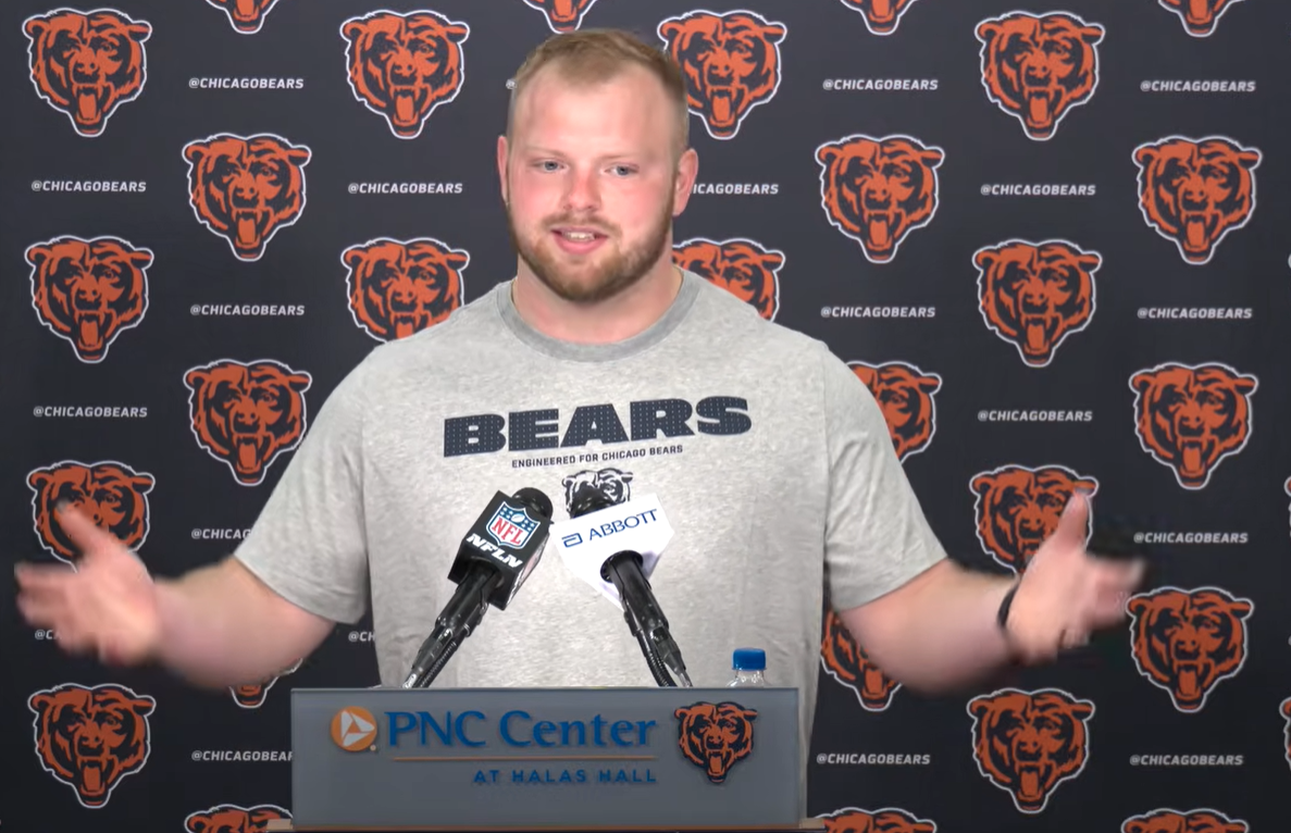 Chicago Bears rookie center Logan Jones speaks with reporters following the first day of rookie minicamp.