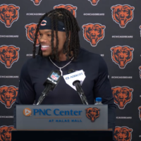 Chicago Bears rookie wide receiver Zavion Thomas speaks with reporters at rookie minicamp.