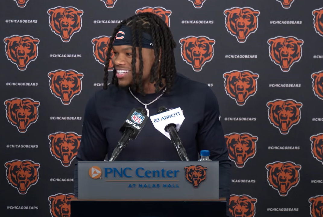 Chicago Bears rookie wide receiver Zavion Thomas speaks with reporters at rookie minicamp.