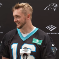 Carolina Panthers quarterback Haynes King speaks with reporters during rookie minicamp.
