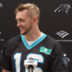 Carolina Panthers quarterback Haynes King speaks with reporters during rookie minicamp.