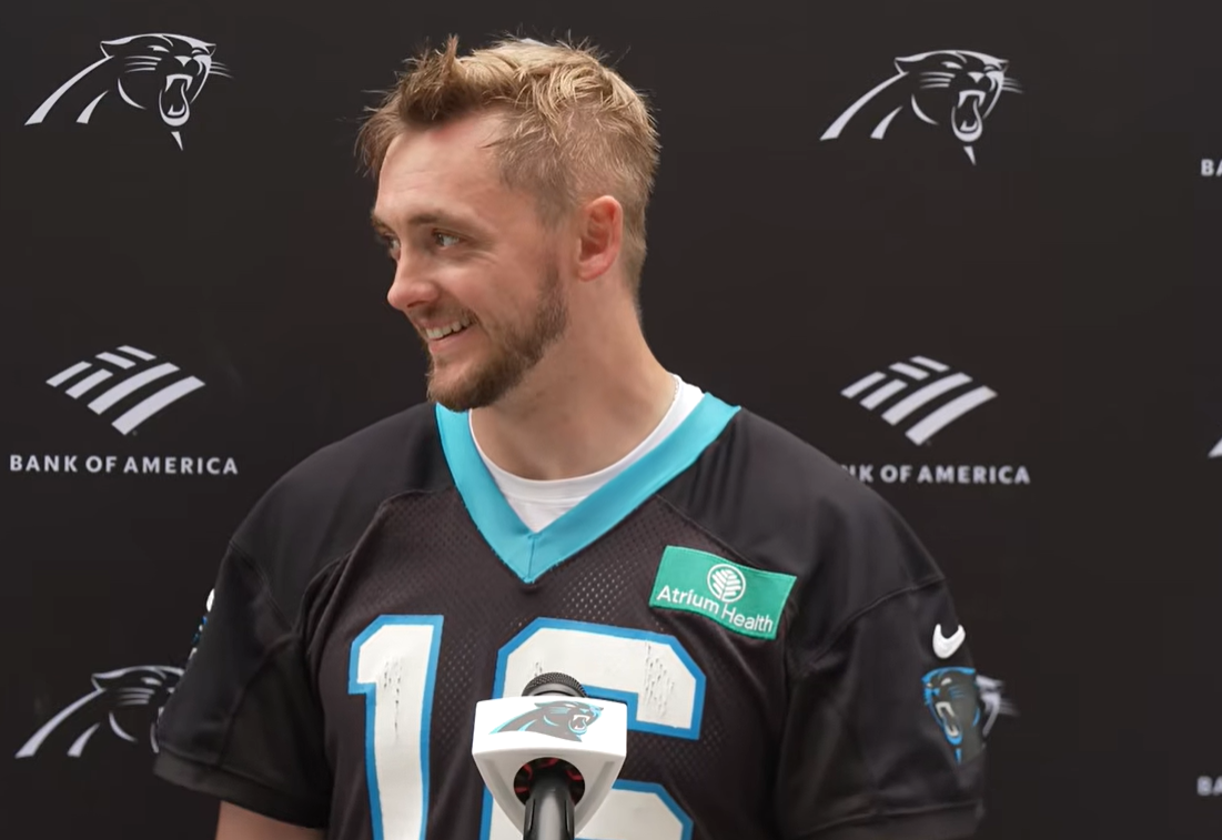 Carolina Panthers quarterback Haynes King speaks with reporters during rookie minicamp.