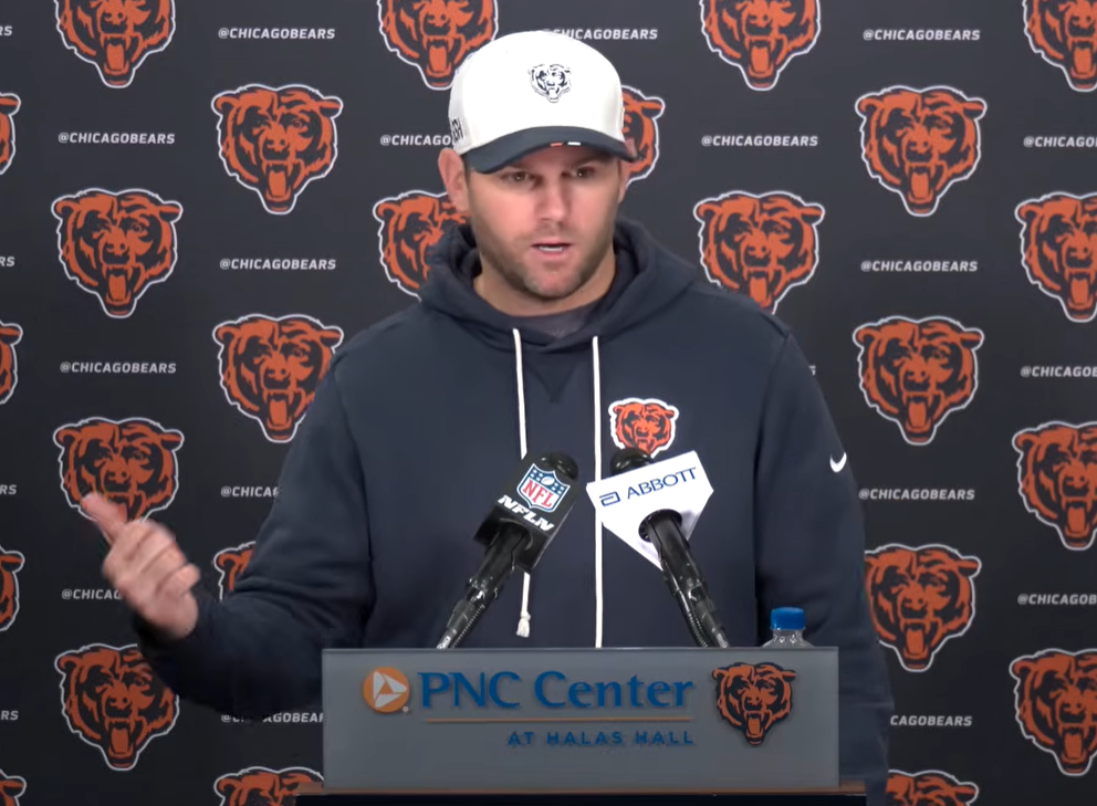 Chicago Bears offensive coordinator Press Taylor speaks with reporters during rookie minicamp.