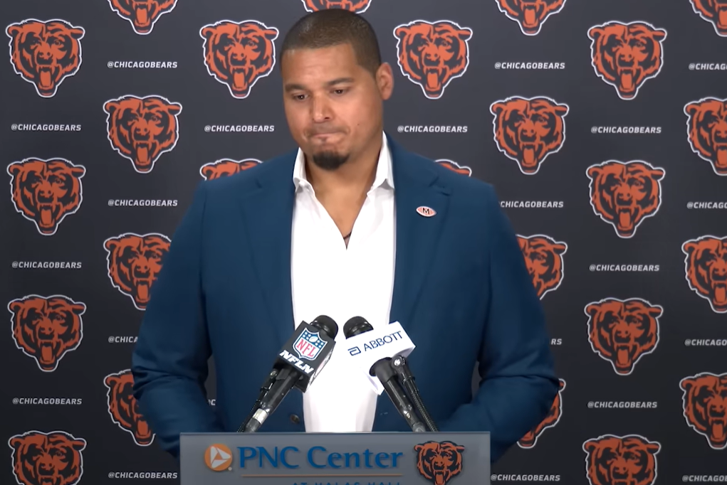Chicago Bears general manager Ryan Poles speaks with reporters following Day 2 of the 2026 NFL Draft.