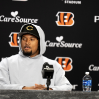 Bengals safety Bryan Cook speaks to the media during a press conference at Paycor Stadium in Cincinnati on Thursday, March 12, 2026.