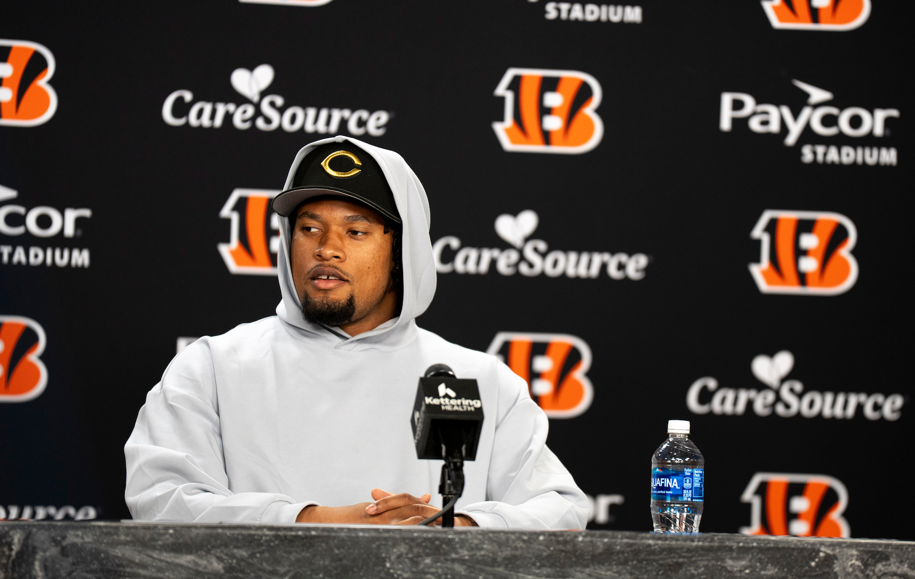 Bengals safety Bryan Cook speaks to the media during a press conference at Paycor Stadium in Cincinnati on Thursday, March 12, 2026.