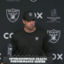 Las Vegas Raiders head coach Klint Kubiak at the podium talking about wide receiver Tre Tucker