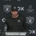 Las Vegas Raiders head coach Klint Kubiak at the podium to talk about defensive back Taron Johnson