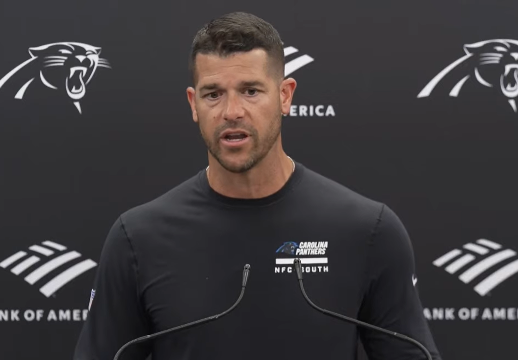 Carolina Panthers head coach Dave Canales speaks with reporters following the first day of OTAs.