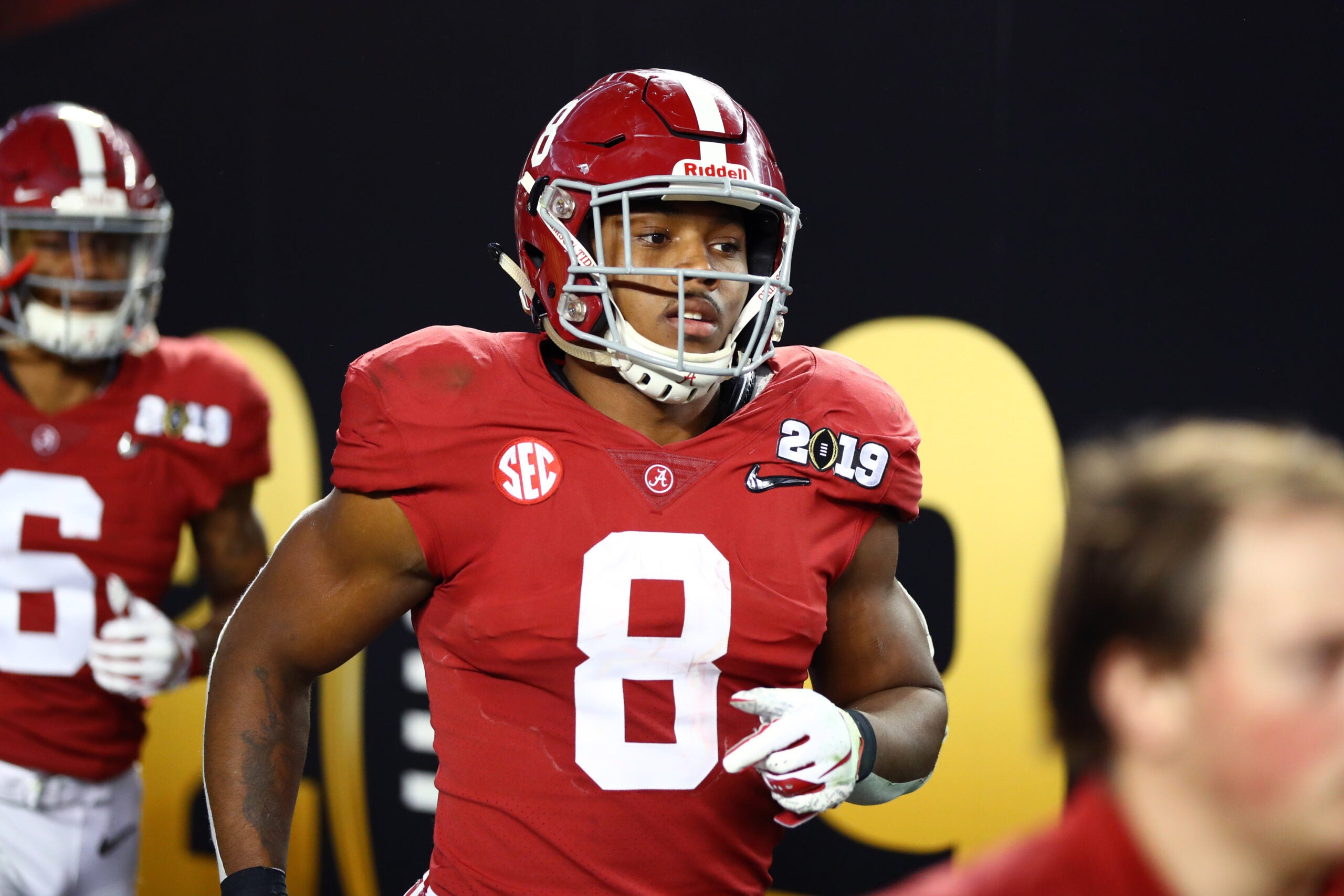 Jan 7, 2019; Santa Clara, CA, USA; Alabama Crimson Tide running back Josh Jacobs (8) against the Clemson Tigers during the 2019 College Football Playoff Championship game at Levi's Stadium.