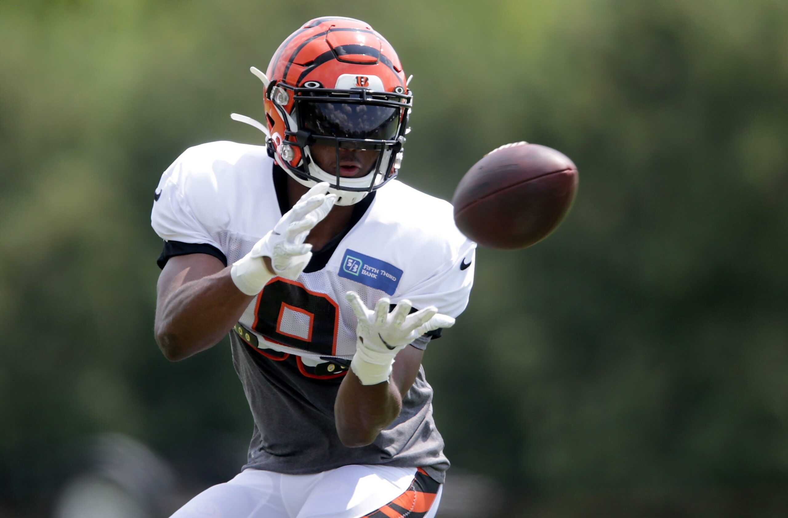 Cincinnati Bengals wide receiver Damion Willis (9) completes a catch during Cincinnati Bengals training camp practice, Wednesday, July 31, 2019, at the practice fields next to Paul Brown Stadium in Cincinnati. Cincinnati Bengals Training Camp July 31