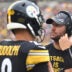 Oct 6, 2019; Pittsburgh, PA, USA; Pittsburgh Steelers quarterback Mason Rudolph (2) and injured quarterback Ben Roethlisberger watch over a play against the Baltimore Ravens at Heinz Field.