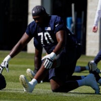 Jul 30, 2022; Lake Forest Illinois, US; Chicago Bears offensive lineman Braxton Jones (70) during training camp at Halas Hall.
