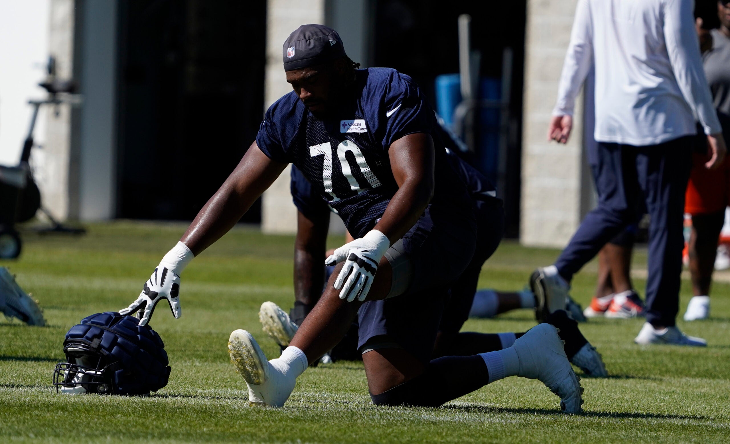 Jul 30, 2022; Lake Forest Illinois, US; Chicago Bears offensive lineman Braxton Jones (70) during training camp at Halas Hall.