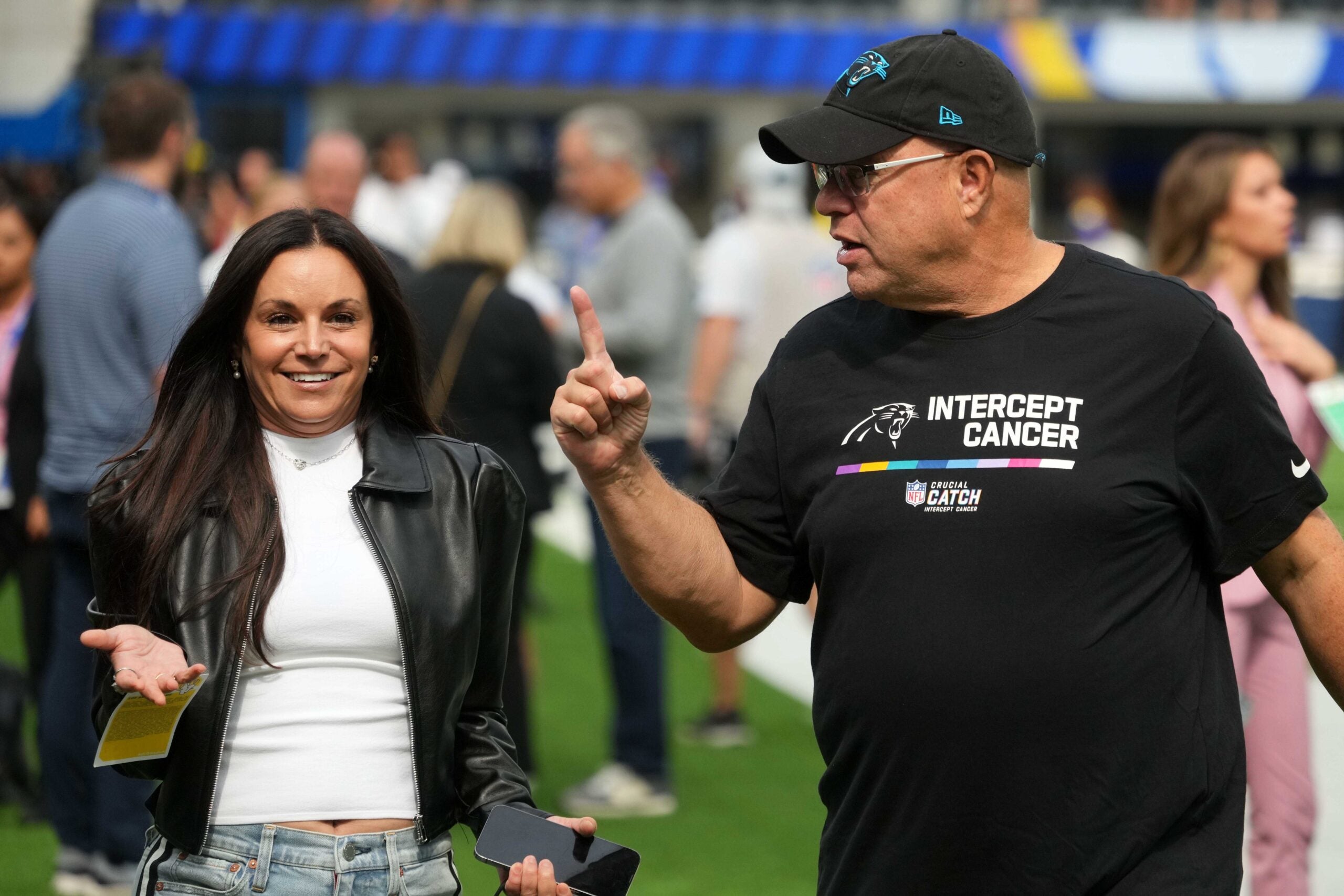Oct 16, 2022; Inglewood, California, USA; Carolina Panthers owner David Tepper (right) and wife Nicole Tepper during the game against the Los Angeles Rams at SoFi Stadium.