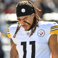 Oct 30, 2022; Philadelphia, Pennsylvania, USA; Pittsburgh Steelers wide receiver Chase Claypool (11) on the sidelines against the Philadelphia Eagles at Lincoln Financial Field.
