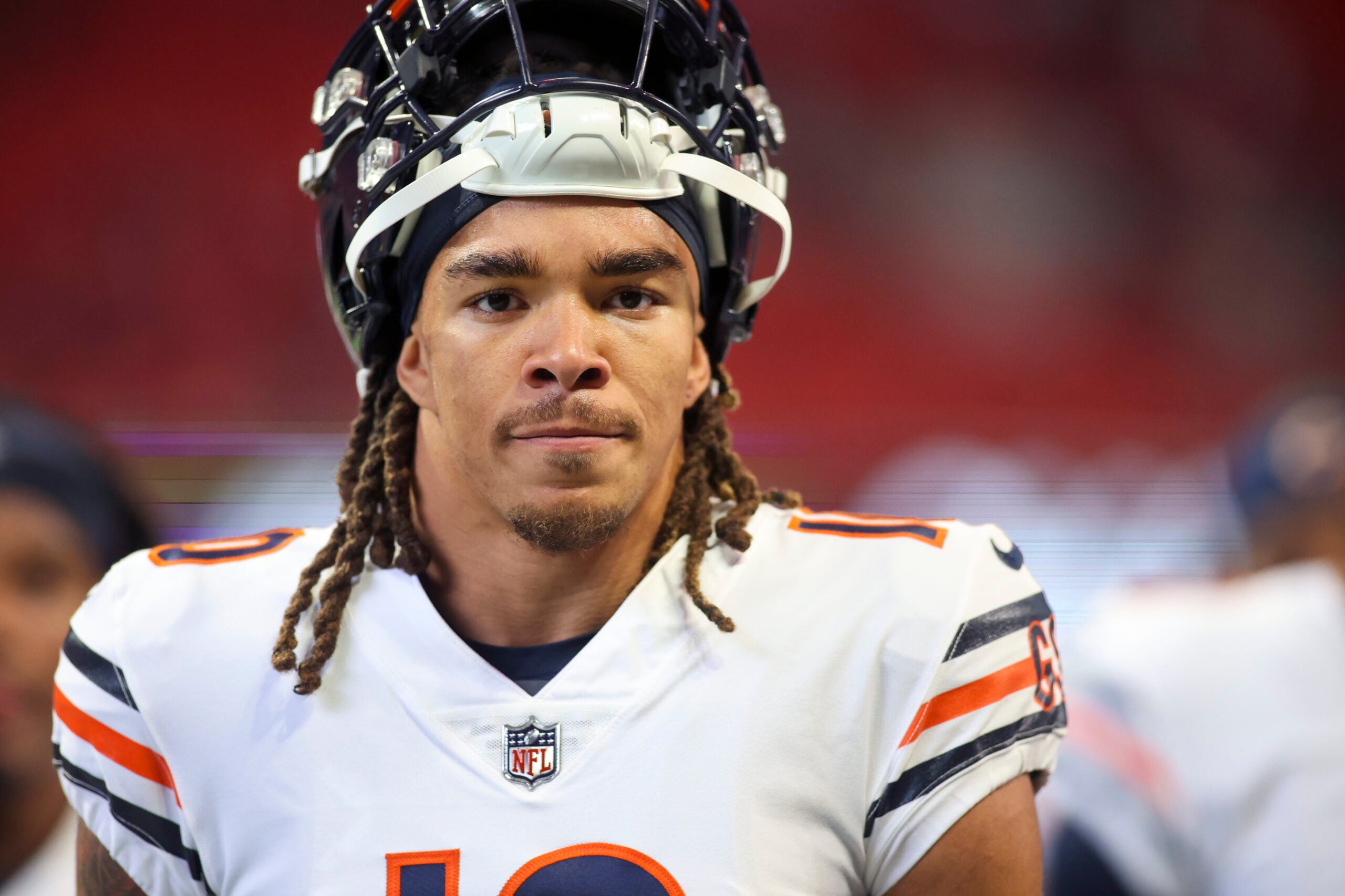 Nov 20, 2022; Atlanta, Georgia, USA; Chicago Bears wide receiver Chase Claypool (10) prepares for a game against the Atlanta Falcons at Mercedes-Benz Stadium.