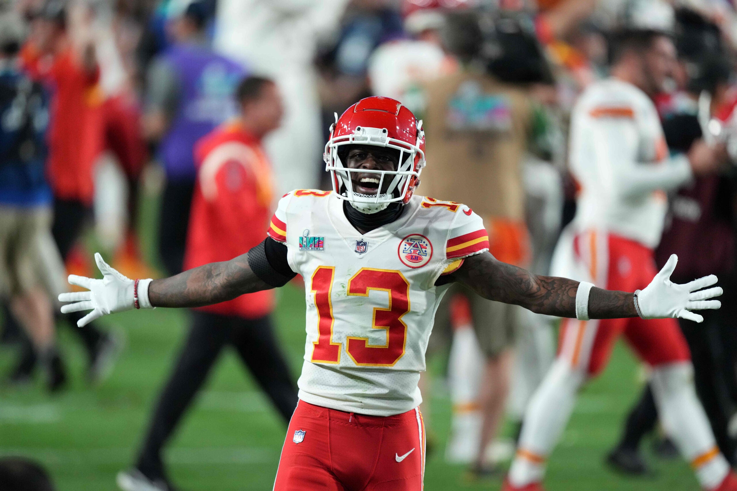 Feb 12, 2023; Glendale, Arizona, US; Kansas City Chiefs safety Nazeeh Johnson (13) during Super Bowl LVII at State Farm Stadium.