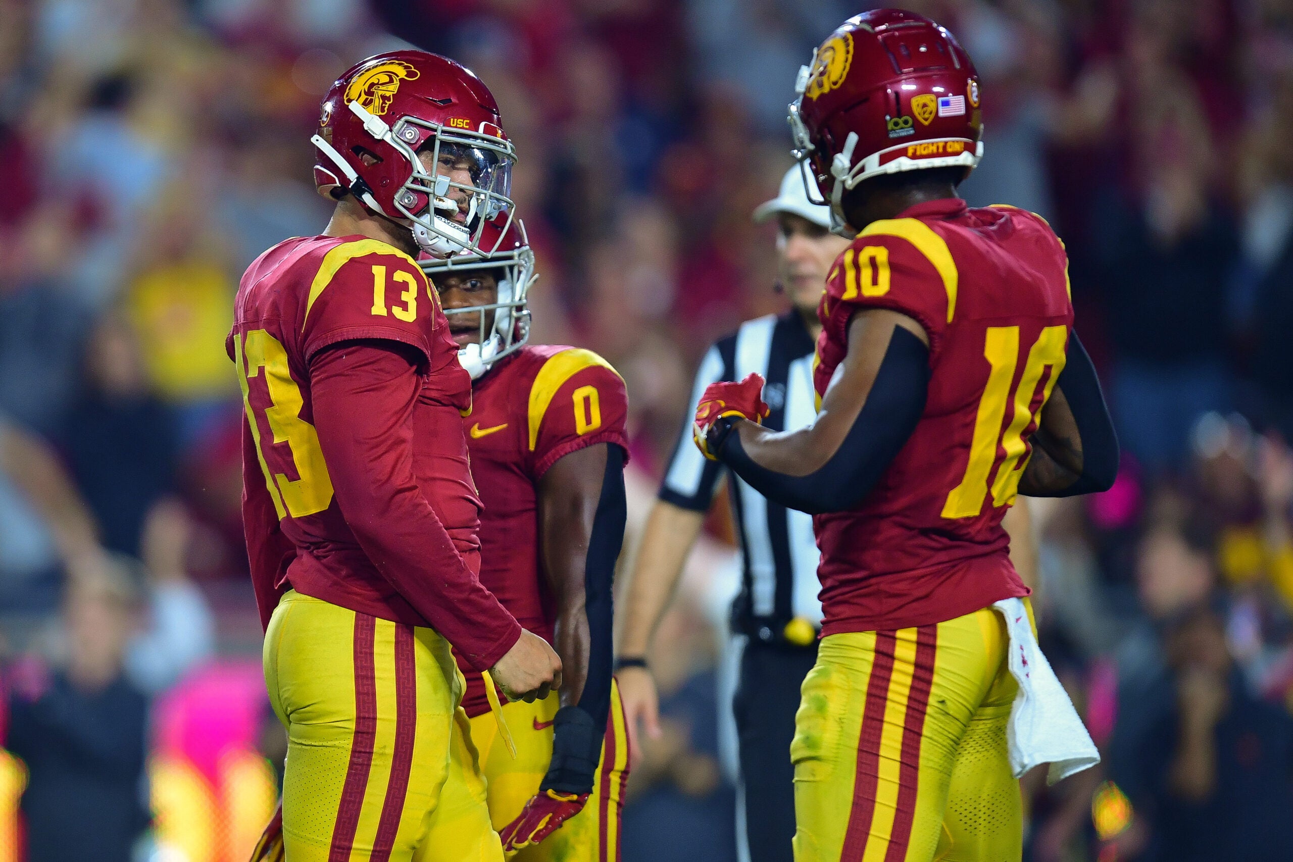 Oct 7, 2023; Los Angeles, California, USA; Southern California Trojans quarterback Caleb Williams (13) celebrates his touchdown scored against the Arizona Wildcats with wide receiver Kyron Hudson (10) during the second half at Los Angeles Memorial Coliseum.