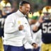 Oct 14, 2023; South Bend, Indiana, USA; Notre Dame Fighting Irish head coach Marcus Freeman celebrates after a Notre Dame interception against the USC Trojans at Notre Dame Stadium.