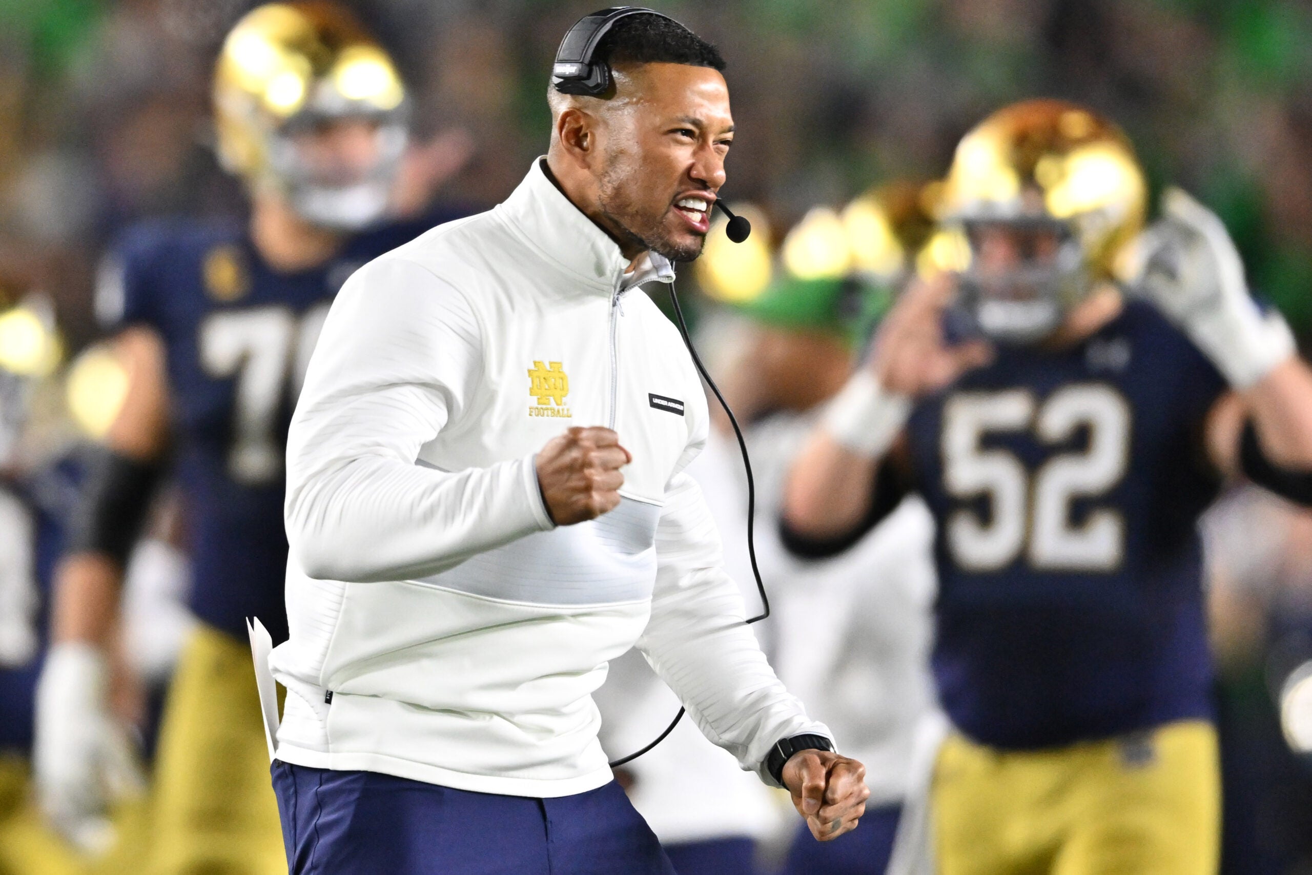 Oct 14, 2023; South Bend, Indiana, USA; Notre Dame Fighting Irish head coach Marcus Freeman celebrates after a Notre Dame interception against the USC Trojans at Notre Dame Stadium.
