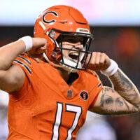 Nov 9, 2023; Chicago, Illinois, USA; Chicago Bears quarterback Tyson Bagent (17) celebrates after the Bears scored a touchdown in the second half against the Carolina Panthers at Soldier Field.