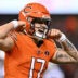 Nov 9, 2023; Chicago, Illinois, USA; Chicago Bears quarterback Tyson Bagent (17) celebrates after the Bears scored a touchdown in the second half against the Carolina Panthers at Soldier Field.