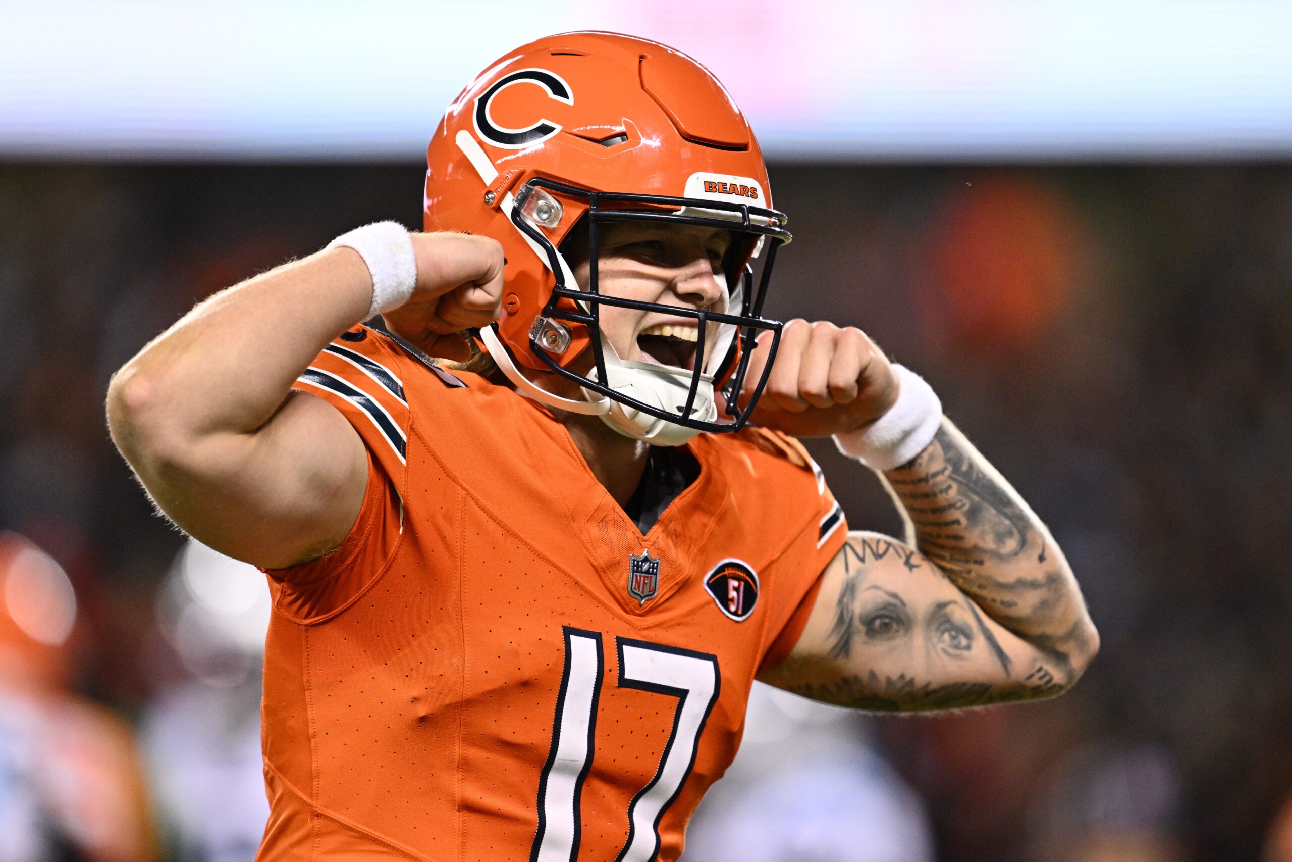 Nov 9, 2023; Chicago, Illinois, USA; Chicago Bears quarterback Tyson Bagent (17) celebrates after the Bears scored a touchdown in the second half against the Carolina Panthers at Soldier Field.