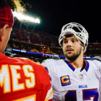 Dec 10, 2023; Kansas City, Missouri, USA; Buffalo Bills quarterback Josh Allen (17) talks with Kansas City Chiefs quarterback Patrick Mahomes (15) after a game at GEHA Field at Arrowhead Stadium.