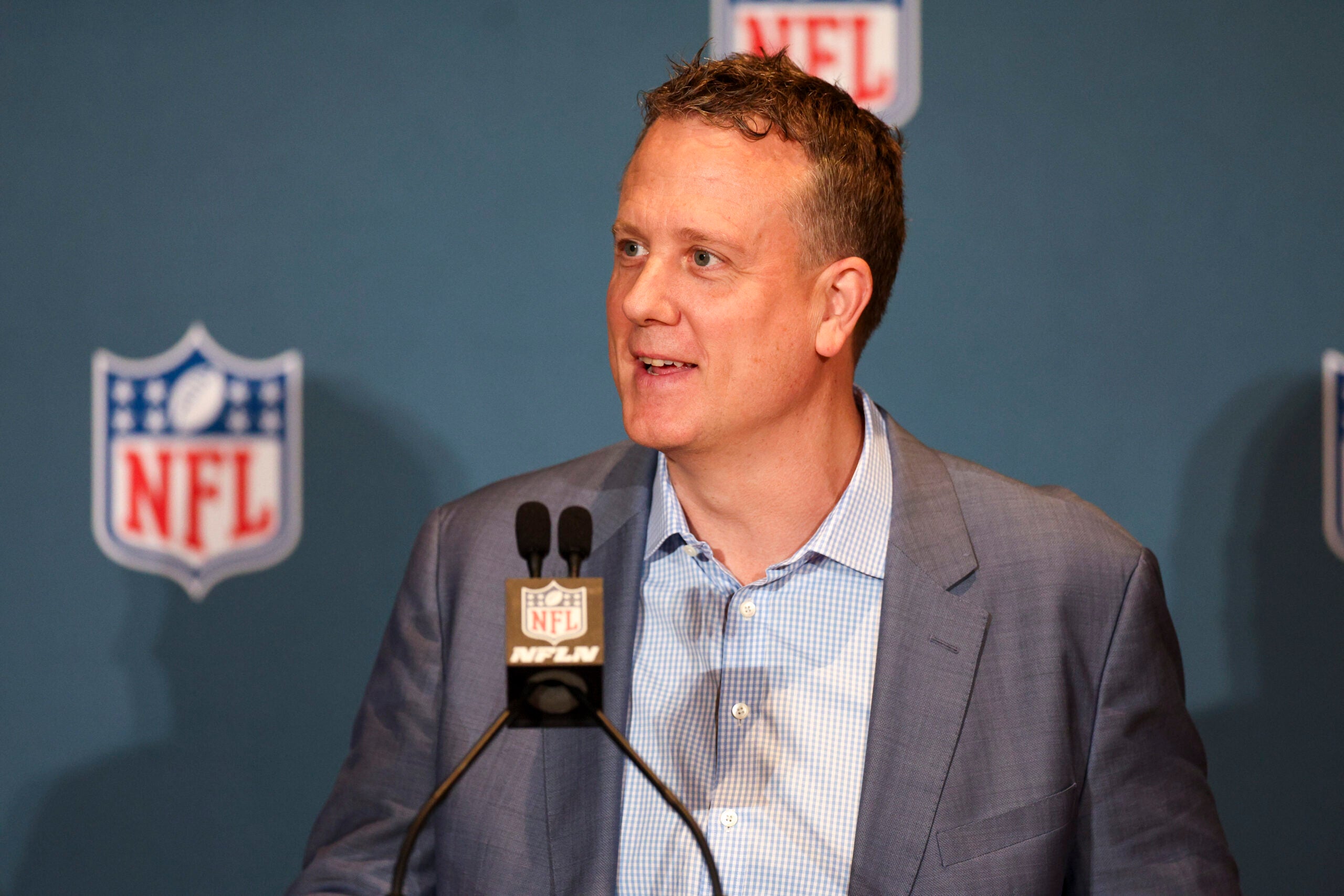 Mar 26, 2024; Orlando, FL, USA; NFL executive vice president of media distribution Hans Schroeder speaks to media during the annual league meetings at the JW Marriott.