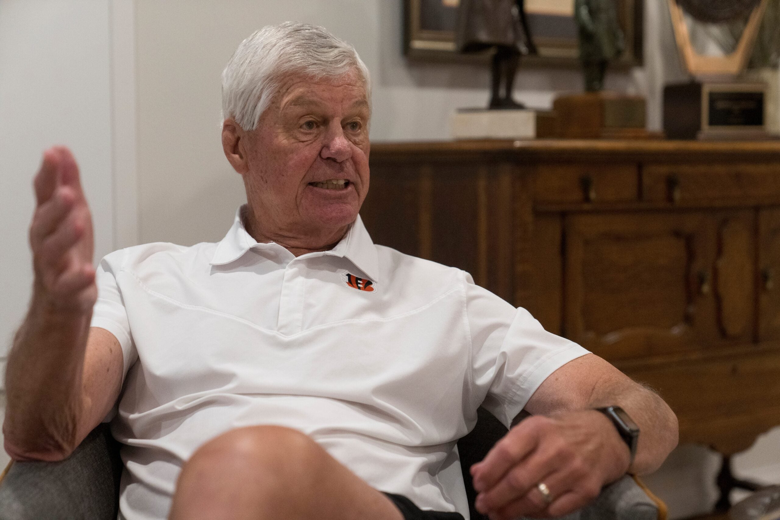 Former Cincinnati Bengals quarterback Ken Anderson tells stories from his football playing days at his home in Villa Hills, Ky., on Tuesday, July 9, 2024.