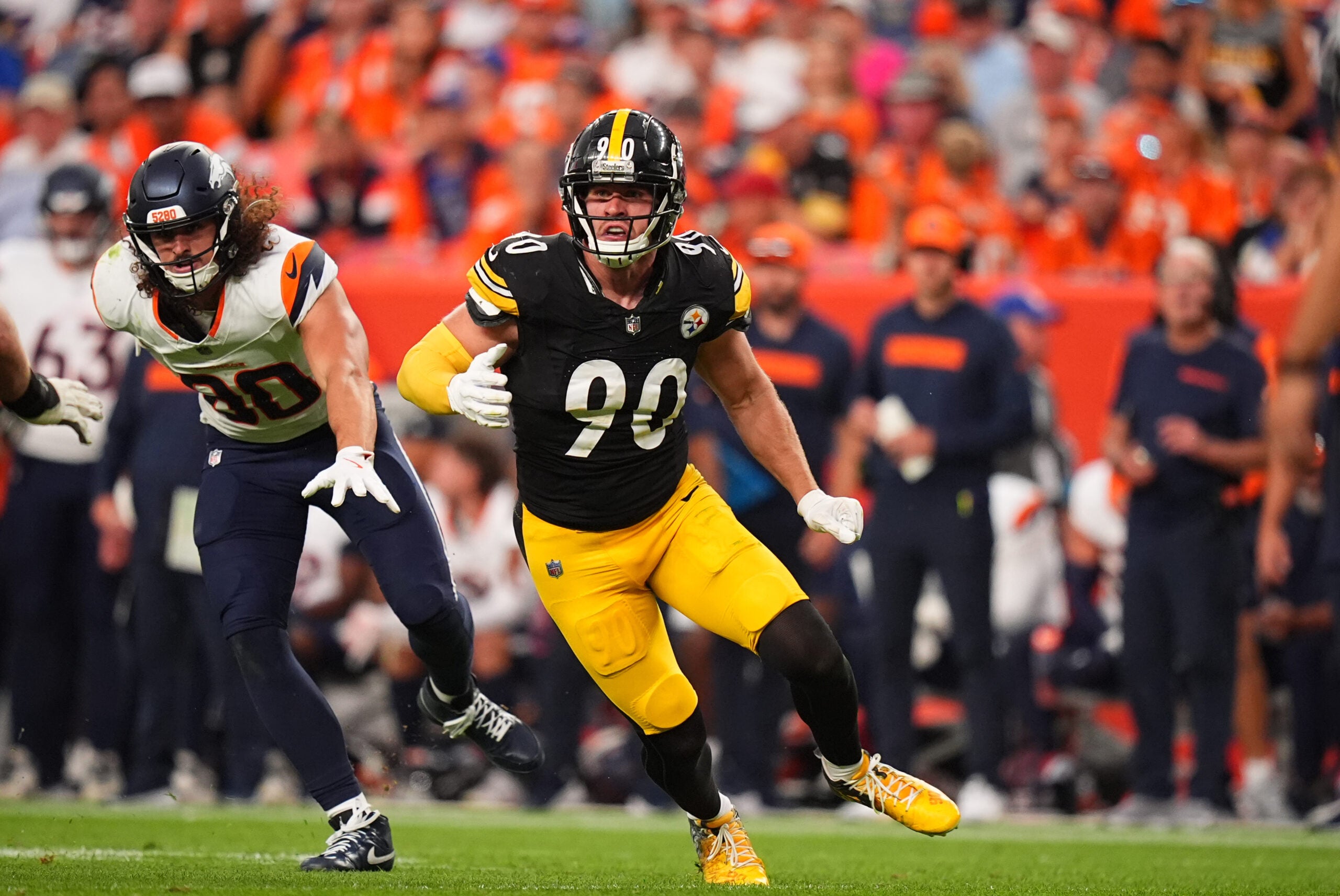 Sep 15, 2024; Denver, Colorado, USA; Pittsburgh Steelers linebacker T.J. Watt (90) during the second half against the Denver Broncos at Empower Field at Mile High.