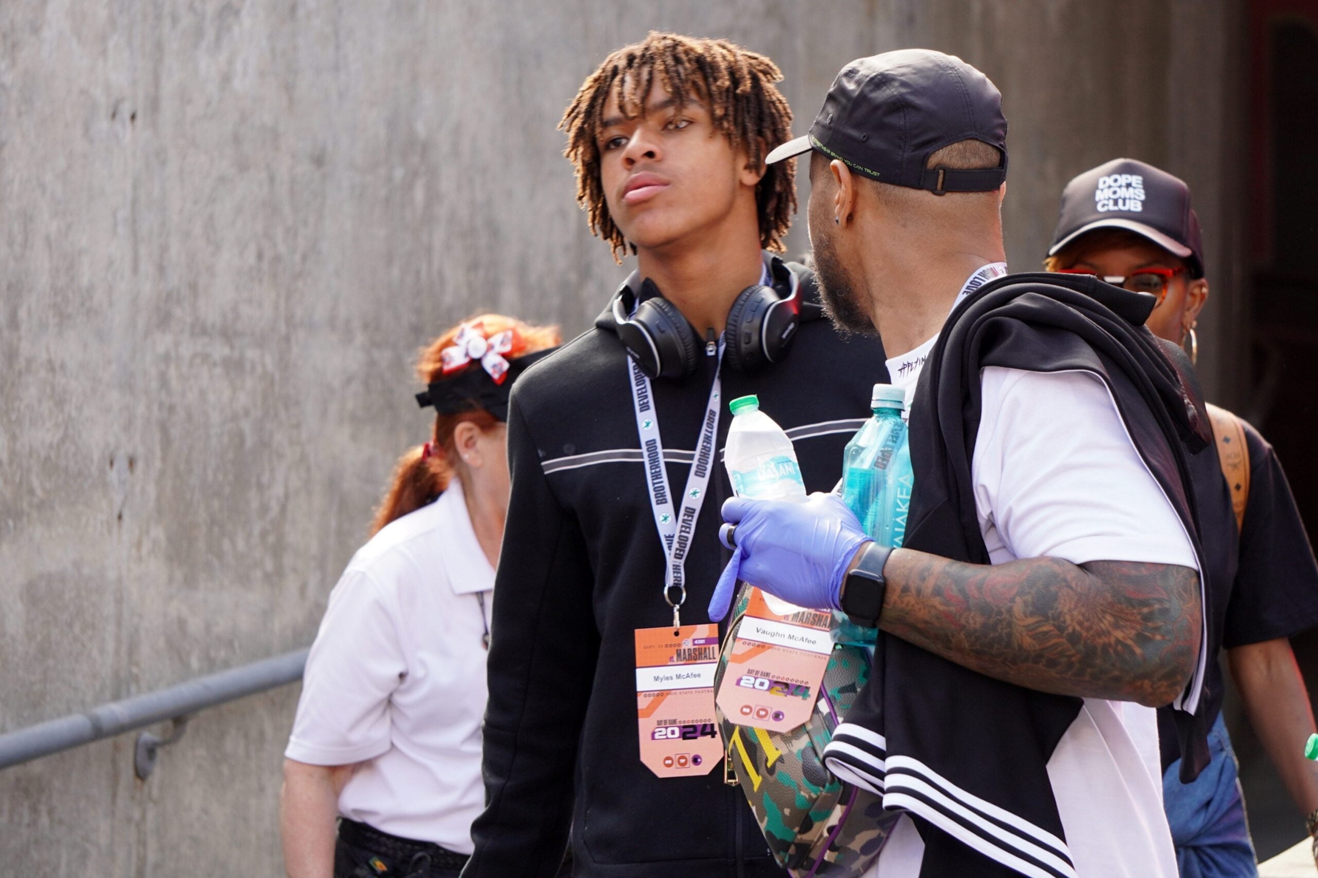 Sept. 21, 2024; Columbus, Ohio, USA; Archbishop Spalding (Maryland) wide receiver Myles McAfee watches warm-ups before Ohio State's game against the Marshall University Thundering Herd at Ohio Stadium.