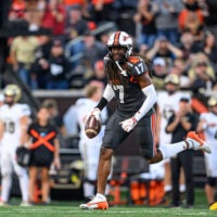 Sep 21, 2024; Corvallis, Oregon, USA; Oregon State Beavers defensive back Skyler Thomas (17) celebrates a defensive play during the first half against the Purdue Boilermakers at Reser Stadium.