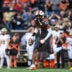 Sep 21, 2024; Corvallis, Oregon, USA; Oregon State Beavers defensive back Skyler Thomas (17) celebrates a defensive play during the first half against the Purdue Boilermakers at Reser Stadium.